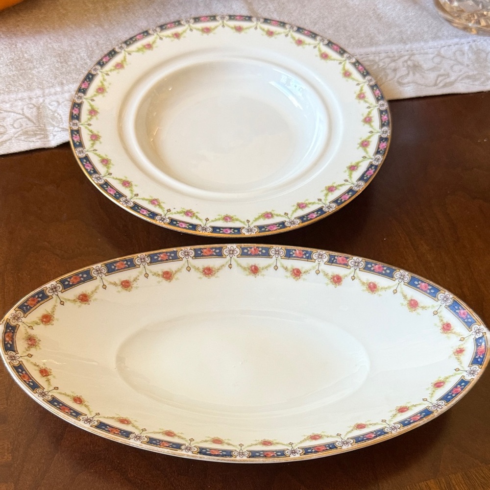 Limoges UC France White and Blue Floral oval and round bowl  Set